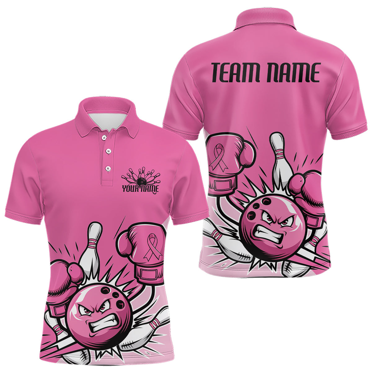Blisscorners Custom Funny Pink Breast Cancer Bowling Men Polo Shirt, Breast Cancer Fighter Jerseys LM3006