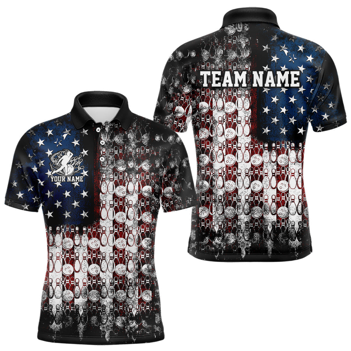 Blisscorners Custom Patriotic US Flag Bowling Men Polo Team Shirts, American Bowling League Shirt MT1706