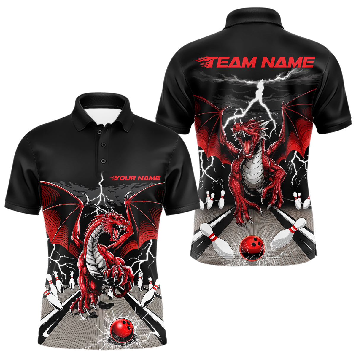 Blisscorners Custom Red Dragon On The Lane Bowling Polo Shirts For Men, Dragon Bowling Team Shirt