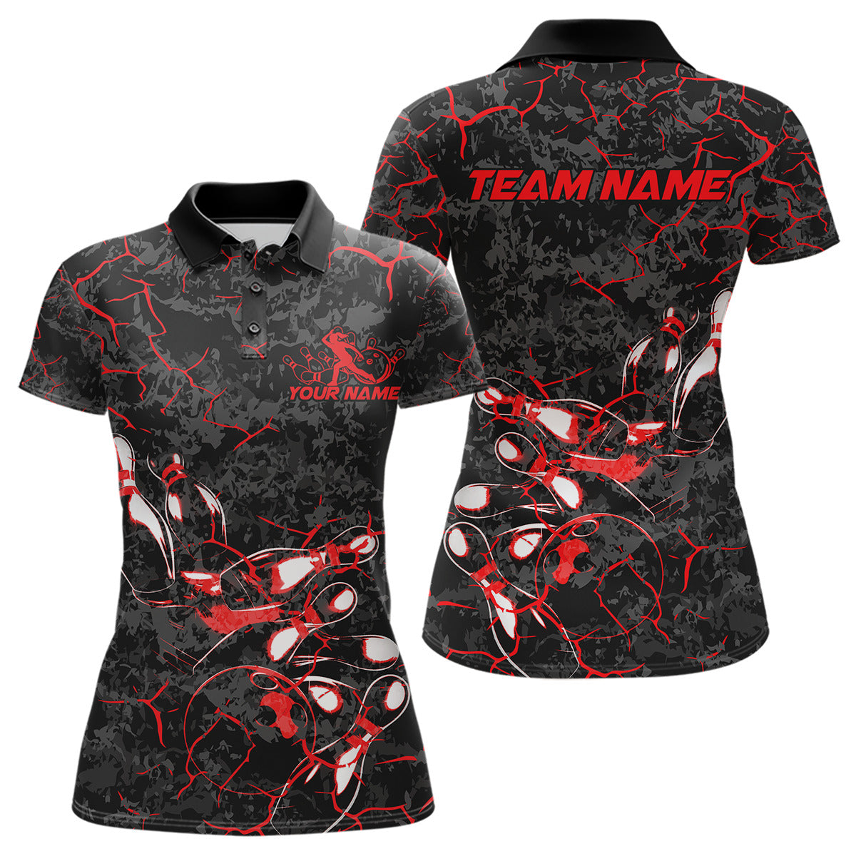 Blisscorners Custom Black And Red Camo Bowling Team Polo Shirts For Men, Bowling League Shirt MT2306