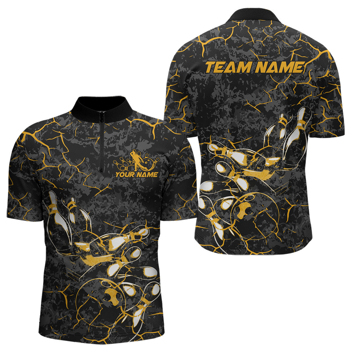 Blisscorners Custom Black And Yellow Camo Bowling Team Polo Shirts For Men, Bowling League Shirt MT2306