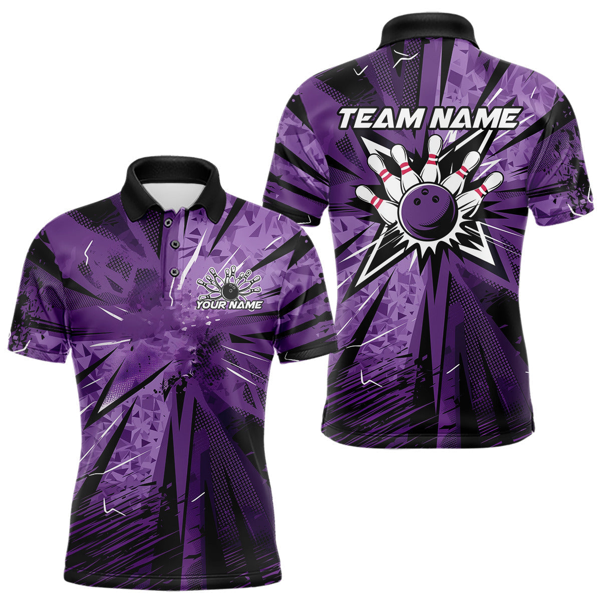 Blisscorners Custom Black And Purple Camouflage Bowling Team Polo Shirts For Men, Bowling League Shirt  LM3006