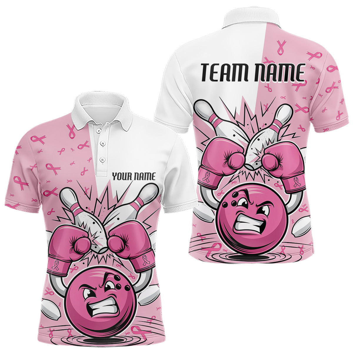 Blisscorners Custom Funny Pink Breast Cancer Bowling Men Polo Shirt, Breast Cancer Fighter Jerseys LM3006