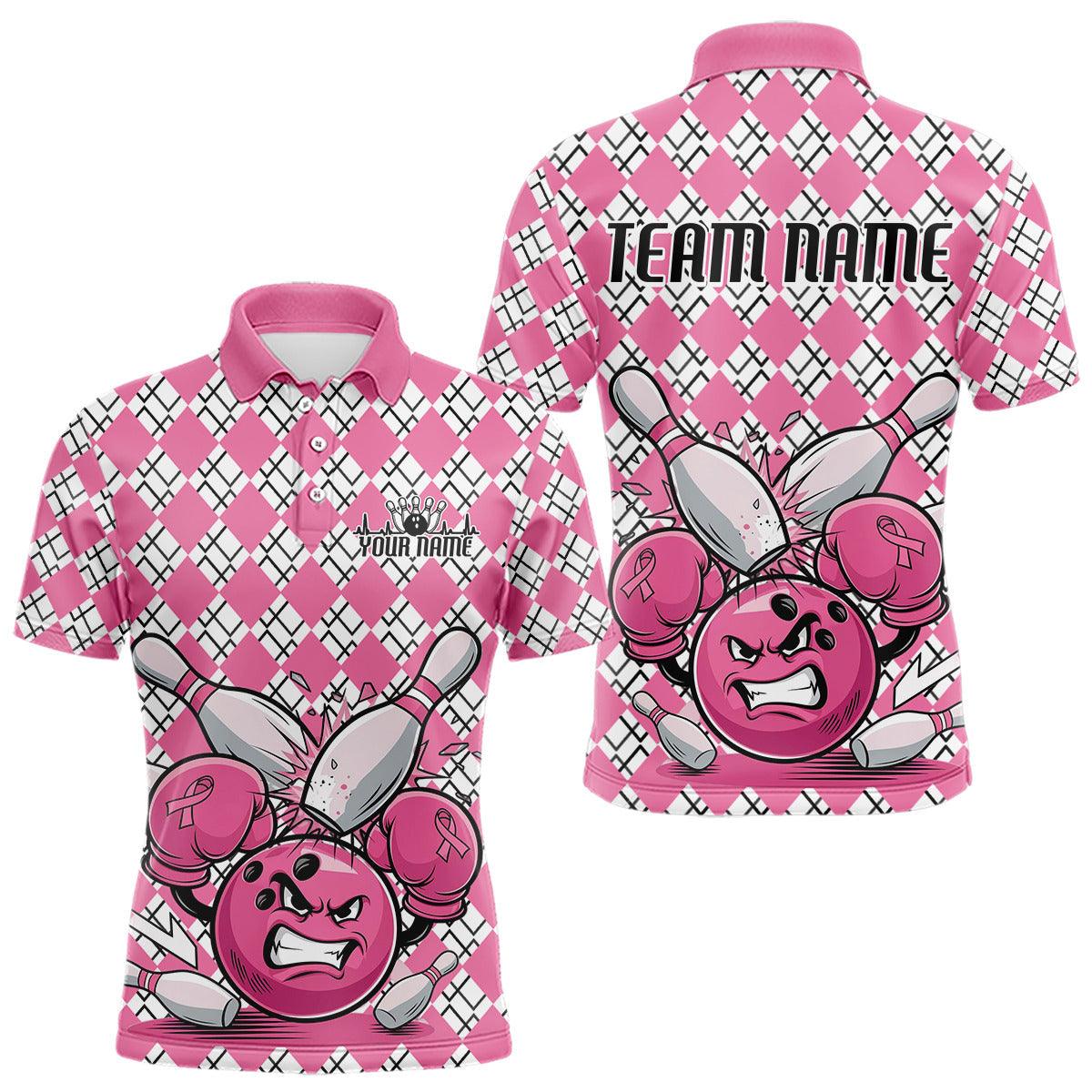 Blisscorners Custom Pink Argyle Pattern Funny Breast Cancer Fighter Bowling Polo Shirts For Men LM3006