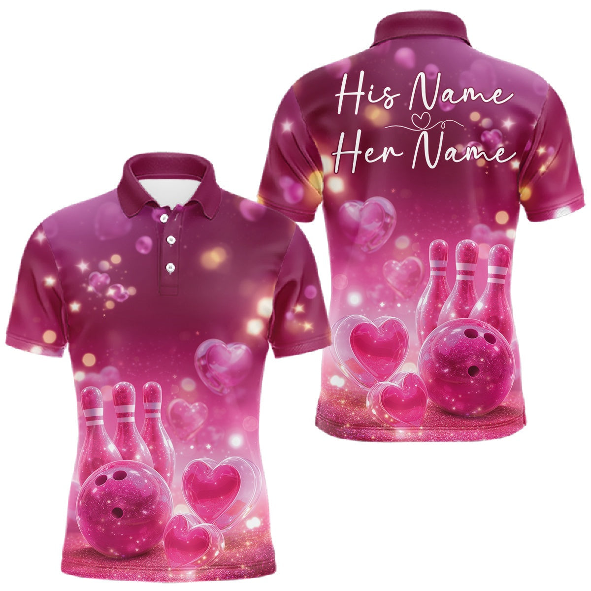 Blisscorners Custom Pink Valentine Bowling Couple Shirts, Pink Heart Theme Bowling Jerseys With His Name And Her Name LM1501