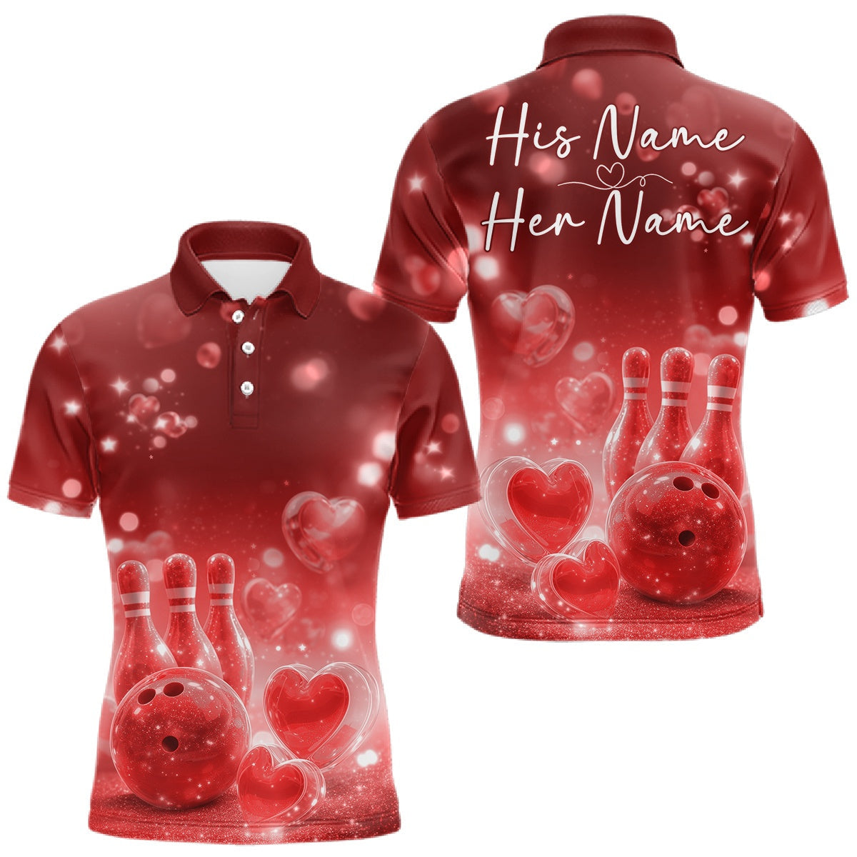 Blisscorners Custom Red Valentine Bowling Couple Shirts, Red Heart Theme Bowling Jerseys With His Name And Her Name LM1501