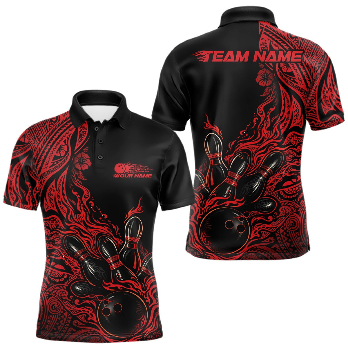 Blisscorners Custom Black And Red Orange Tribal Pattern Flame Bowling Team Shirts, Polynesian Bowling League Shirt LM1501