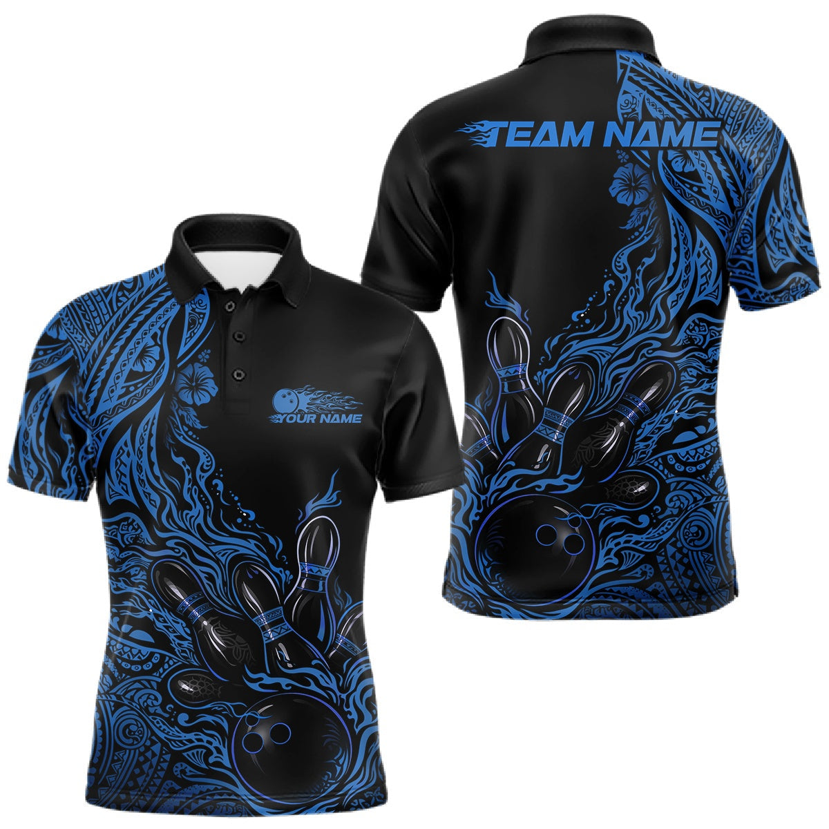Blisscorners Custom Black And Blue Tribal Pattern Flame Bowling Team Shirts, Polynesian Bowling Ball Bowling League Shirt LM1501