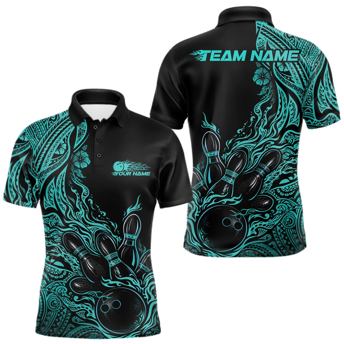 Blisscorners Custom Black And Turquoise Blue Tribal Flame Bowling Team Shirts, Polynesian Bowling Ball Bowling League Shirt LM1501