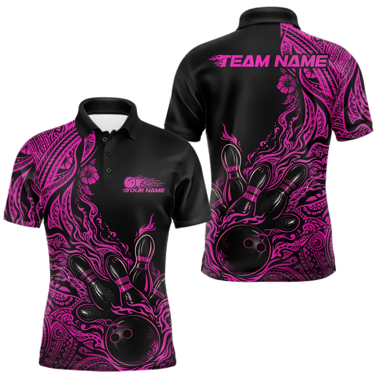 Blisscorners Custom Black And Pink Tribal Pattern Flame Bowling Team Shirts, Polynesian Bowling Ball Bowling League Shirt LM1501