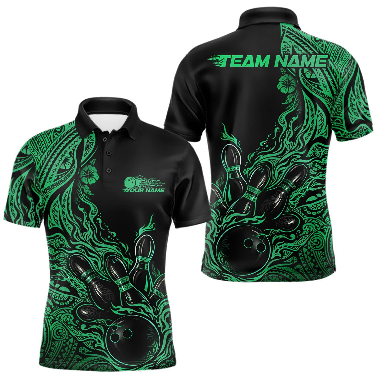 Blisscorners Custom Black And Green Tribal Pattern Flame Bowling Team Shirts, Polynesian Bowling Ball Bowling League Shirt LM1501