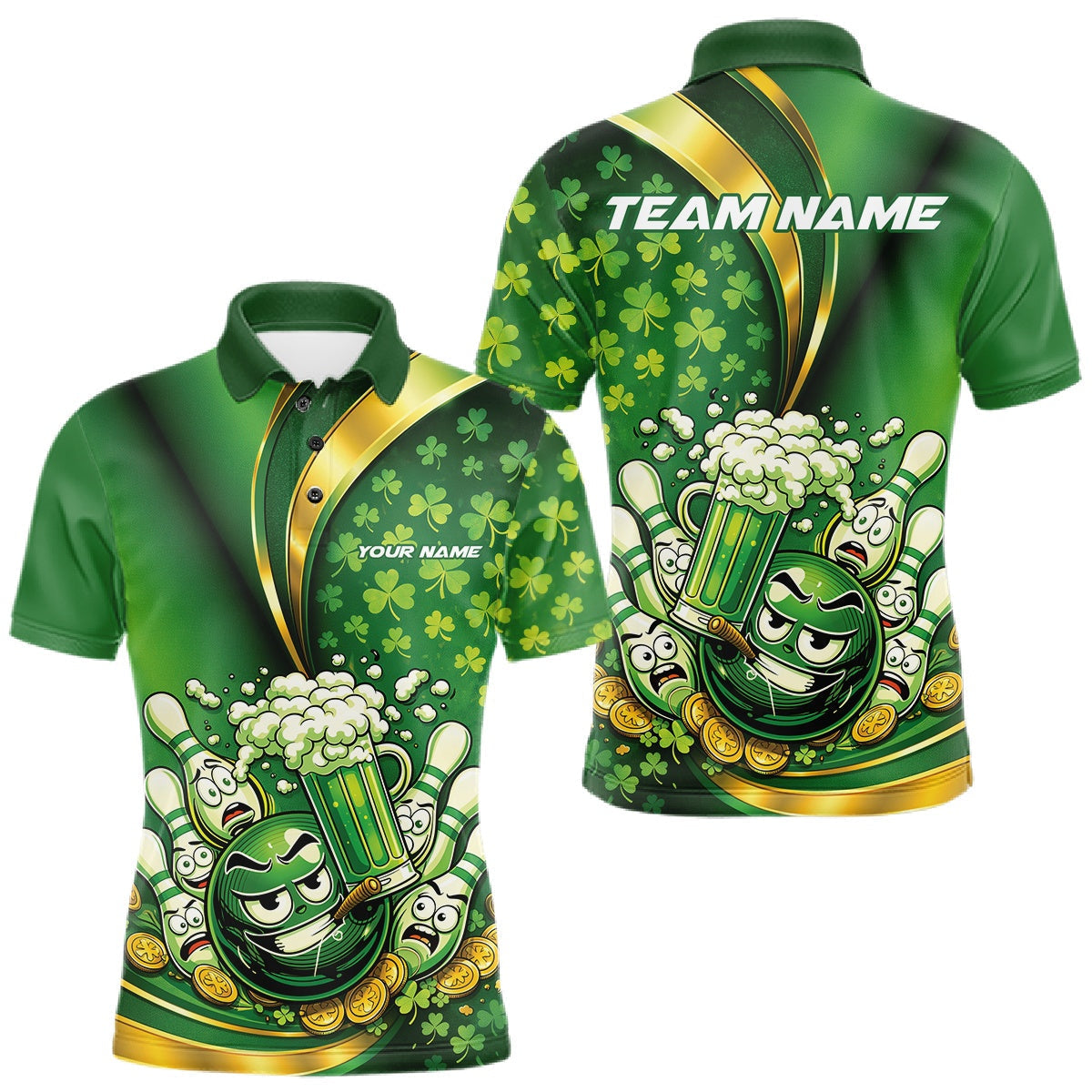 Blisscorners Custom Funny St Patricks Party Beer Bowling Team Shirts, Green Shamrock And Gold Coin Bowling Jersey LM2201