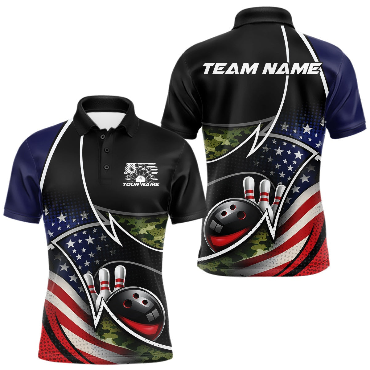 Blisscorners Custom Patriotic US Flag Bowling Team Shirts, Freedom Military Camo Men Bowling Jerseys LM2201