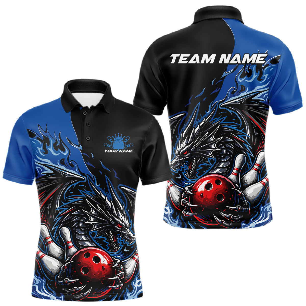 Blisscorners Custom Blue And Red Dragon Bowling Men Polo Team Shirt, Dragon Bowling League Shirts LM0101