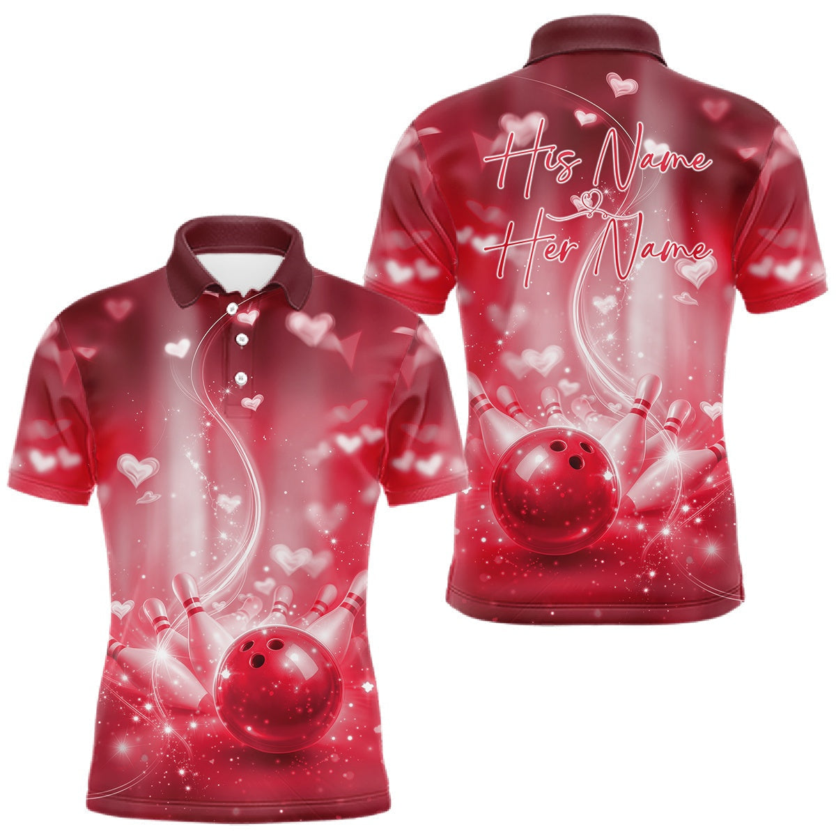 Blisscorners Custom Red Valentine Bowling Couple Shirts, Red Heart Theme Bowling Jerseys With His Name And Her Name LM1501