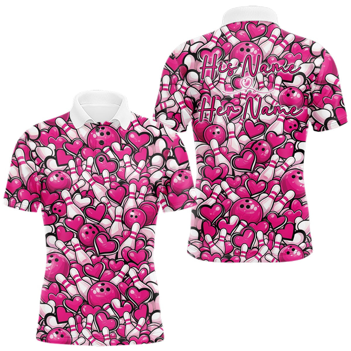 Blisscorners Custom Pink Heart Theme Valentine Bowling Couple Shirt, Love Bowling Jerseys With His Name And Her Name LM1501