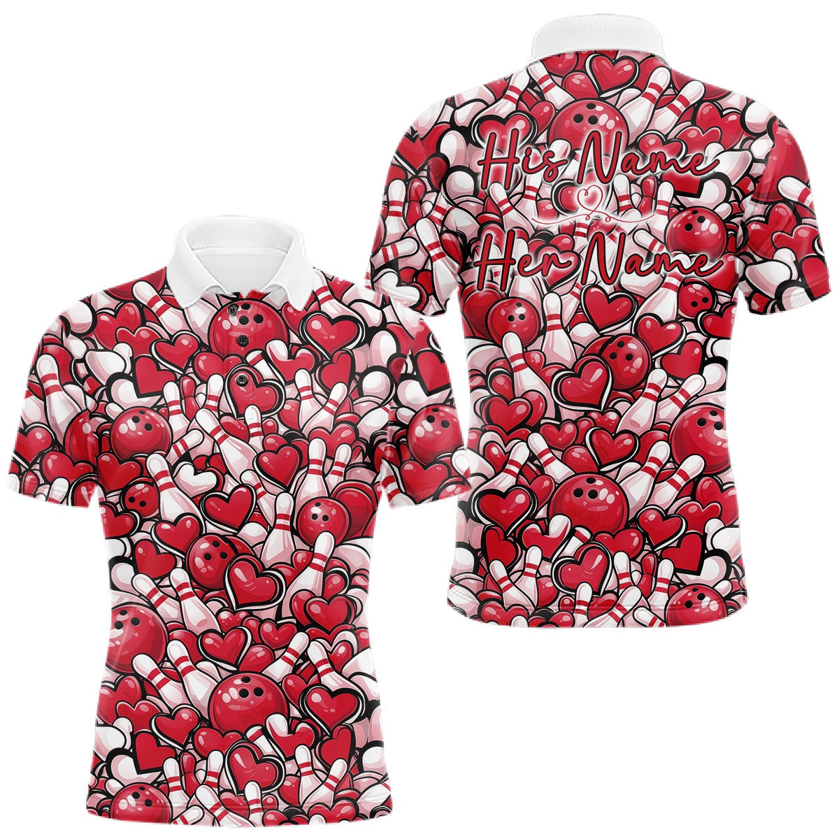 Blisscorners Custom Red Heart Theme Valentine Bowling Couple Shirt, Love Bowling Jerseys With His Name And Her Name LM1501