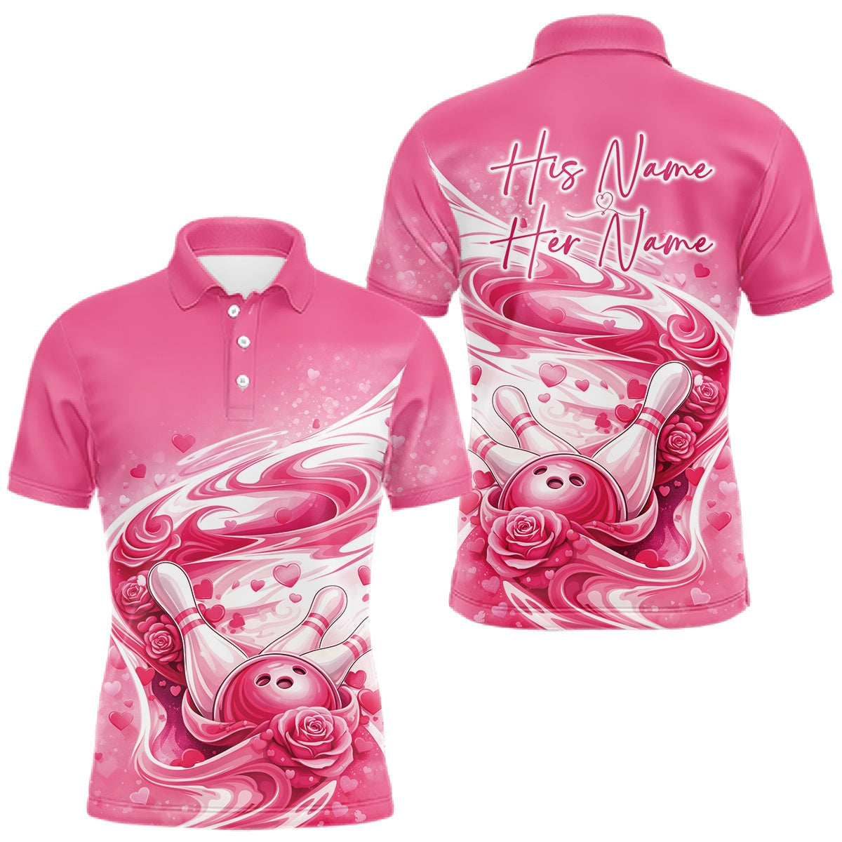 Blisscorners Custom Pink Heart Valentine Bowling Couples Shirt, Heart And Roses Bowling Husband And Wife Gifts With Name 2 LM2201