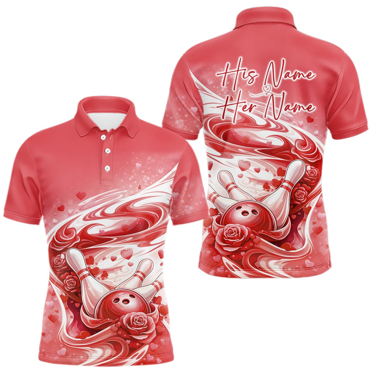 Blisscorners Custom Red Heart Valentine Bowling Couples Shirt, Heart And Roses Bowling Husband And Wife Gifts With Name 1 LM2201