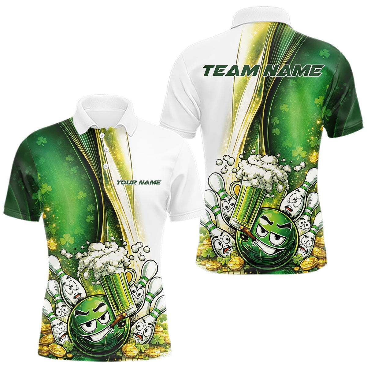 Blisscorners Custom Funny St Patricks Party Beer Bowling Team Shirts, Green Shamrock And Gold Coin Bowling Jerseys LM2201