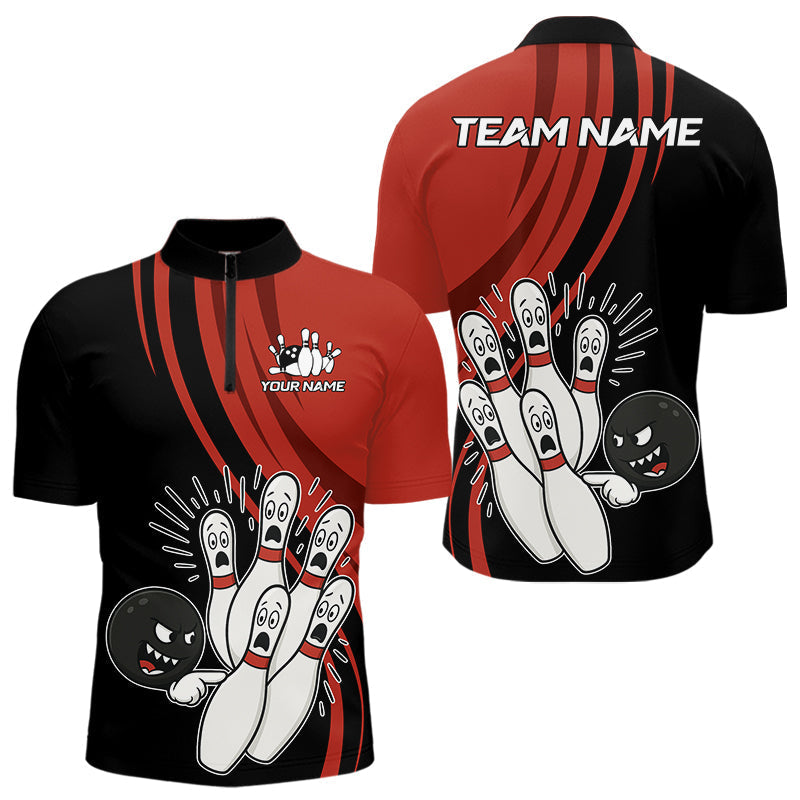 Blisscorners Funny Bowling ball and pins Black and Red Bowling Team Shirts For Men Custom Retro Bowling Jerseys LM0607