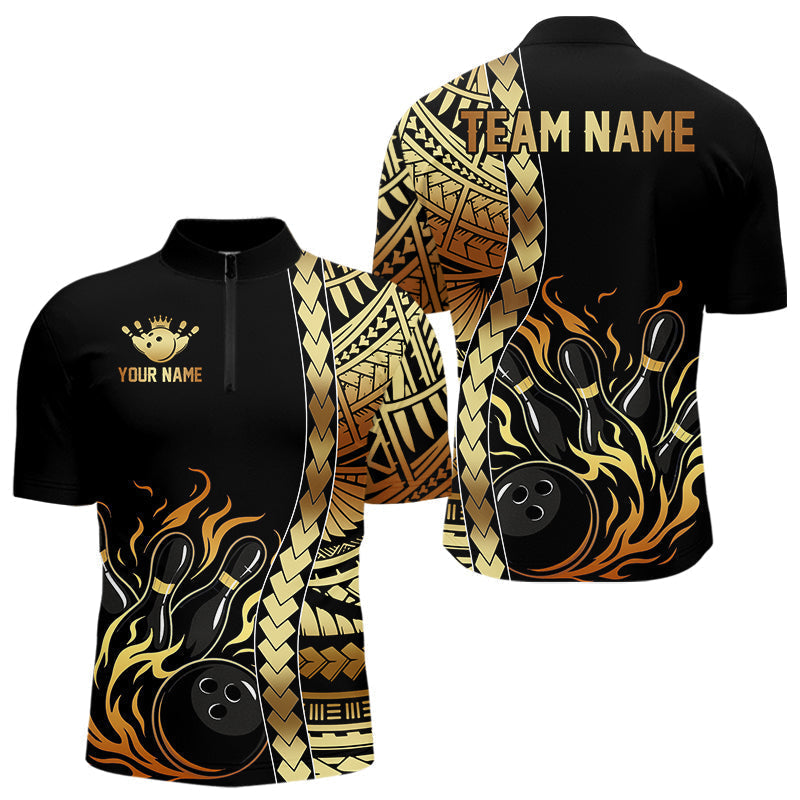 Blisscorners Custom Black And Gold Flame tribal pattern Bowling Team Polo, 1/4 Zip Shirts For Men, Bowling Jerseys MT1706
