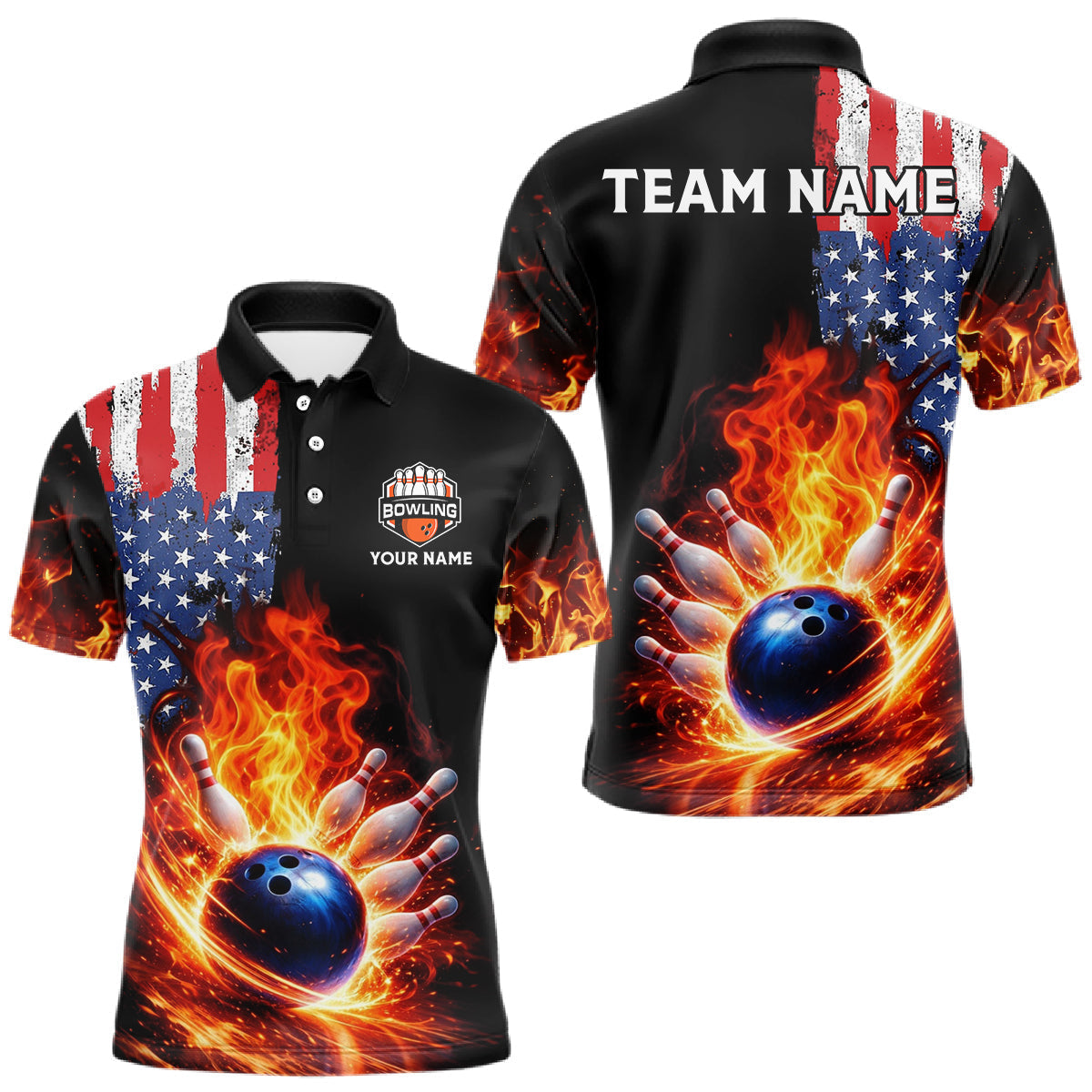 Blisscorners American Flag Flame bowling polo, quarter zip shirts for Men Custom patriotic team bowling jerseys LM0901