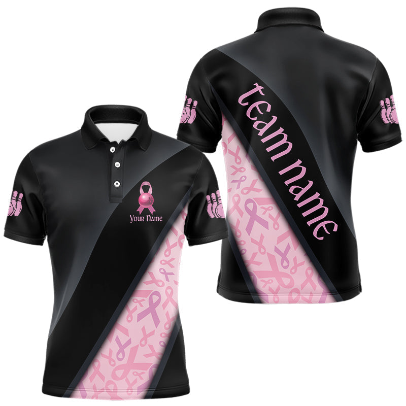 Blisscorners Black and Pink Ribbon Breast cancer Bowling Polo, 1/4 Zip Shirt for Men Custom Bowling Team Jersey
