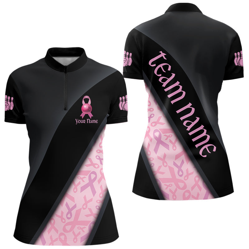 Blisscorners Black and Pink Ribbon Breast cancer Bowling Polo, 1/4 Zip Shirt for Men Custom Bowling Team Jersey