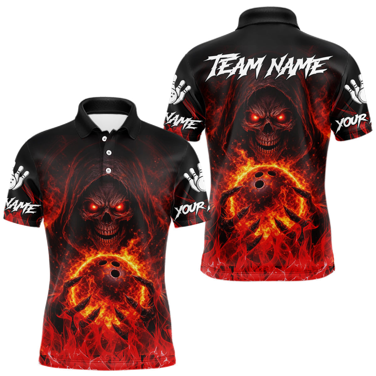 Blisscorners Black And Red Flame Skull Reaper Men's Bowling Shirts, Personalized bowling outfit men bowling jersey LM1501
