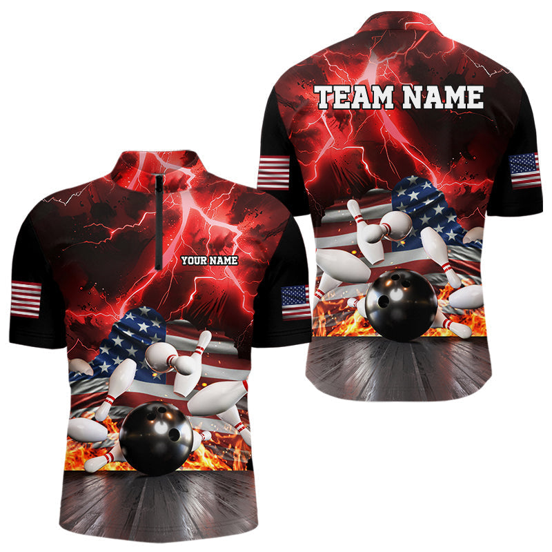 Blisscorners Red Lightning thunder storm American Flag Bowling Shirts For Men Custom Bowling Team League Jerseys LM2007