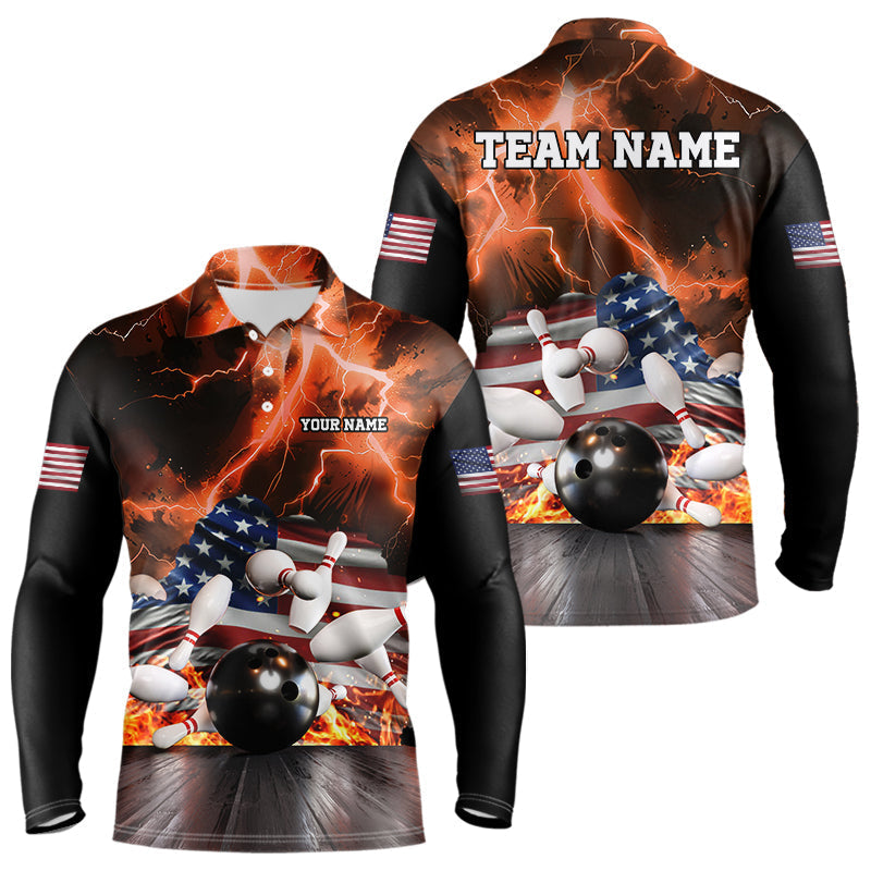 Blisscorners Orange Lightning thunder storm American Flag Bowling Shirt For Men Custom Bowling Team League Jerseys LM2007