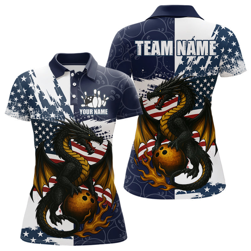 Blisscorners Red, White and Blue American Flag Dragon Bowling Shirts For Men Custom Patriotic Bowling Team Jerse LM2007