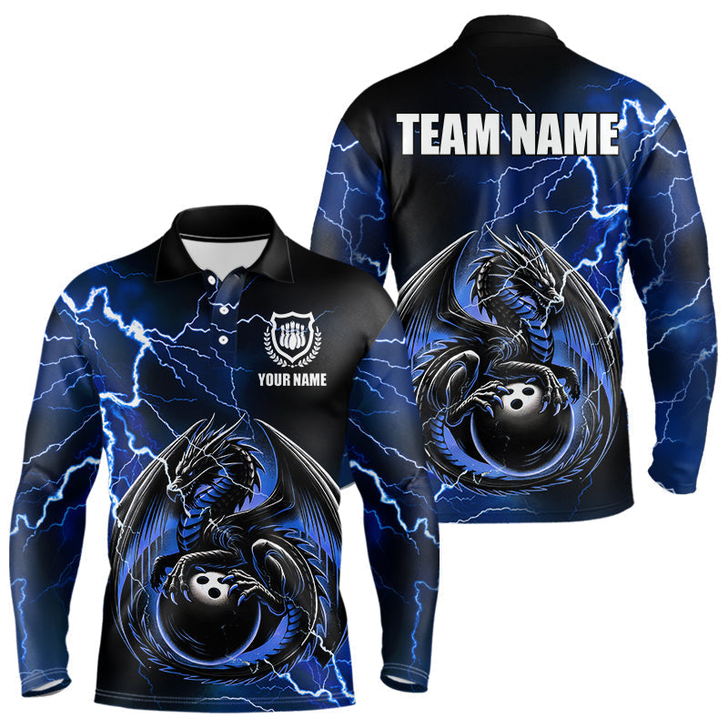 Blisscorners Personalized Black And Blue Thunder Lightning Dragon Bowling Shirts For Men, Bowling Team Uniform LM2007