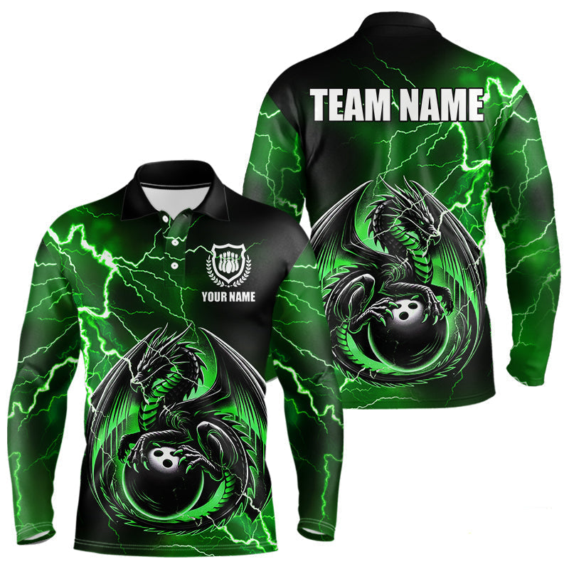 Blisscorners Personalized Black And Green Thunder Lightning Dragon Bowling Shirts For Men, Bowling Team Uniform LM2007