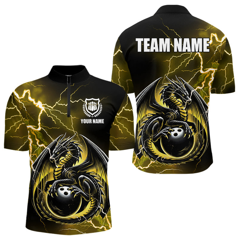 Blisscorners Personalized Black And Yellow Thunder Lightning Dragon Bowling Shirts For Men, Bowling Team Uniform LM2007