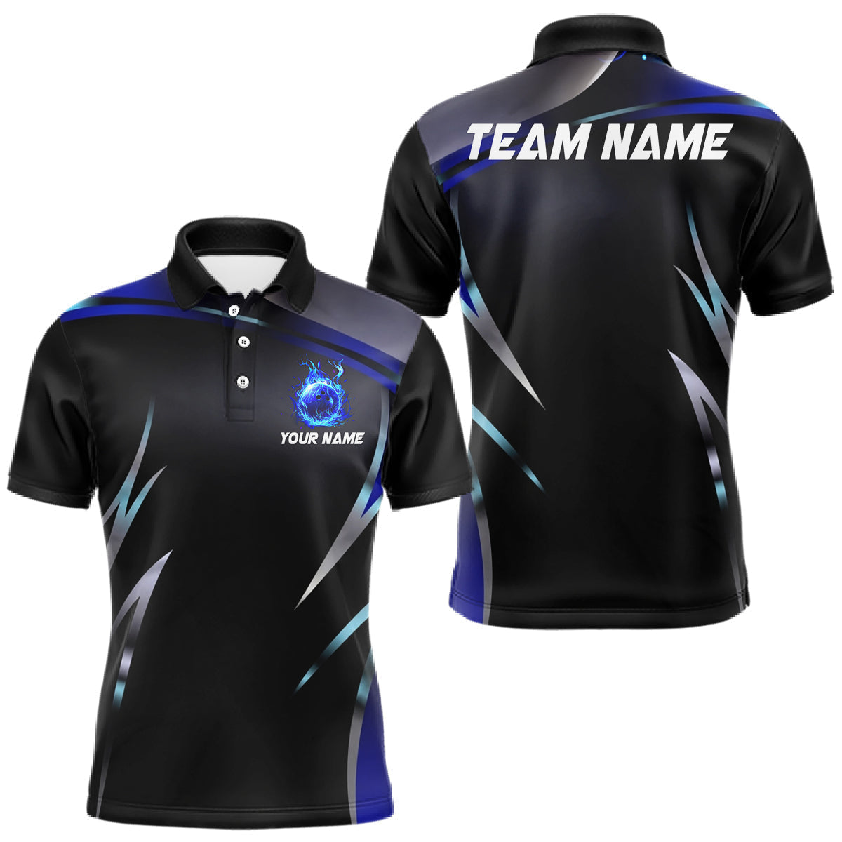 Blisscorners Black and blue Bowling Polo, Quarter Zip Shirts for Men Custom Team bowling shirts with flames LM2201