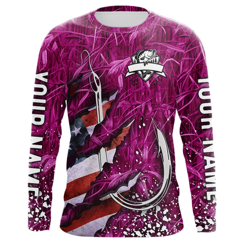 Blisscorners American flag fish hook pink camo fishing custom sun protection performance long sleeve fishing shirt LM0607