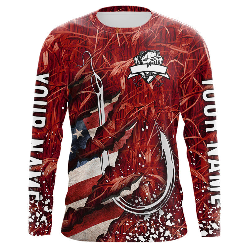 Blisscorners American flag fish hook red camo fishing custom sun protection performance long sleeve fishing shirt  LM0607