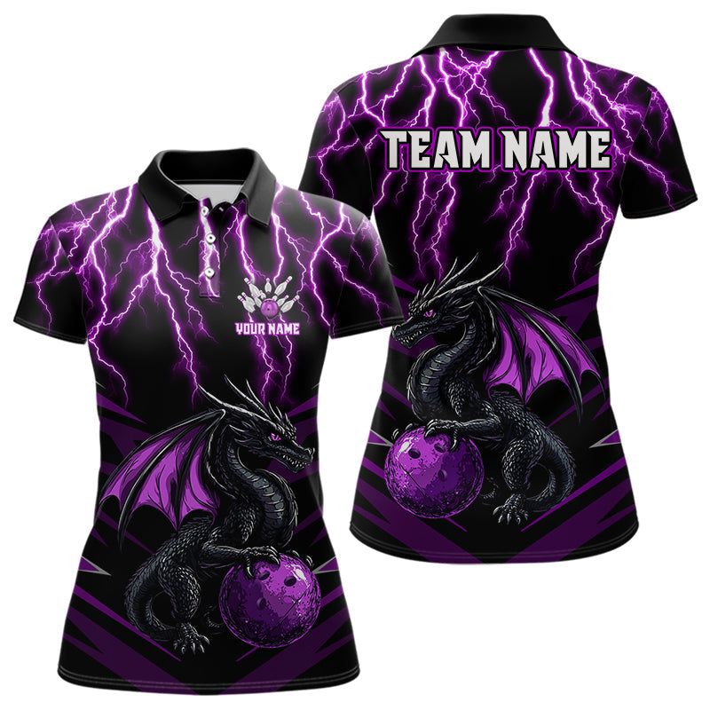Blisscorners Black & Purple Lightning Thunder Dragon Bowling Shirt For Men Custom Dragon Bowling Team Shirt Uniform
