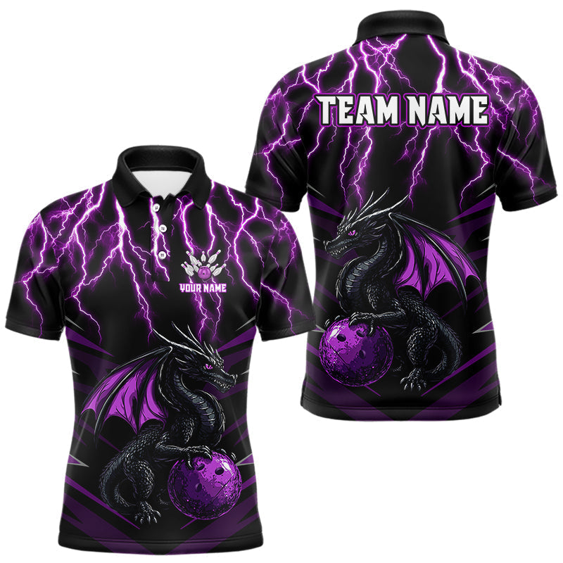 Blisscorners Black & Purple Lightning Thunder Dragon Bowling Shirt For Men Custom Dragon Bowling Team Shirt Uniform