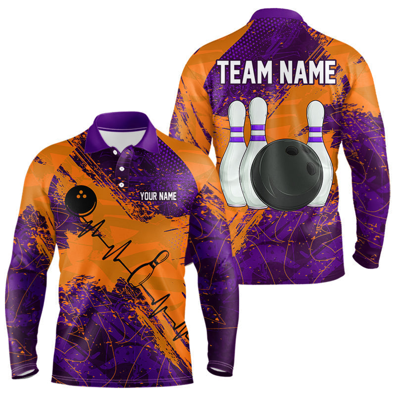 Blisscorners Orange & Purple Grunge Camo Heartbeat Bowling Polo, 1/4 Zip Shirt For Men Custom Bowling Team Jersey