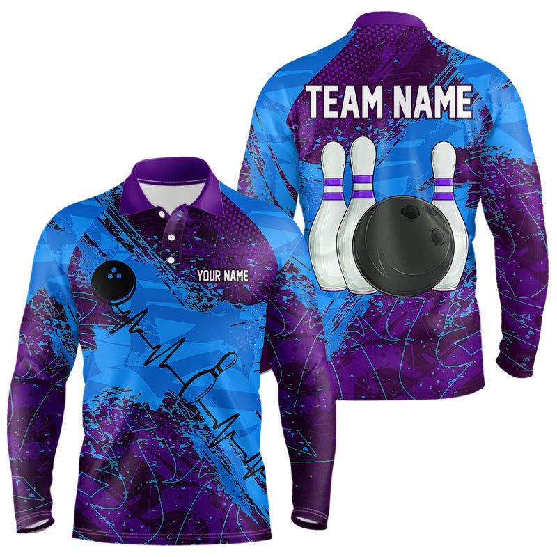 Blisscorners Blue and Purple Grunge Camo Heartbeat Bowling Polo, 1/4 Zip Shirt For Men Custom Bowling Team Jersey