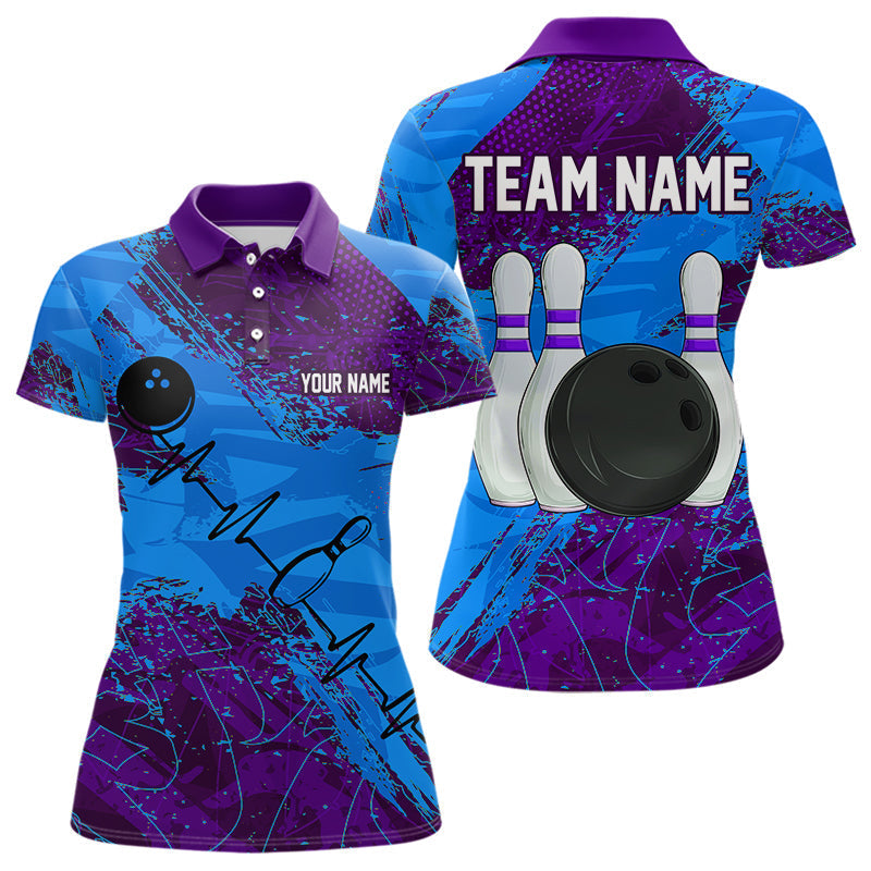 Blisscorners Blue and Purple Grunge Camo Heartbeat Bowling Polo, 1/4 Zip Shirt For Men Custom Bowling Team JerseyMT0306