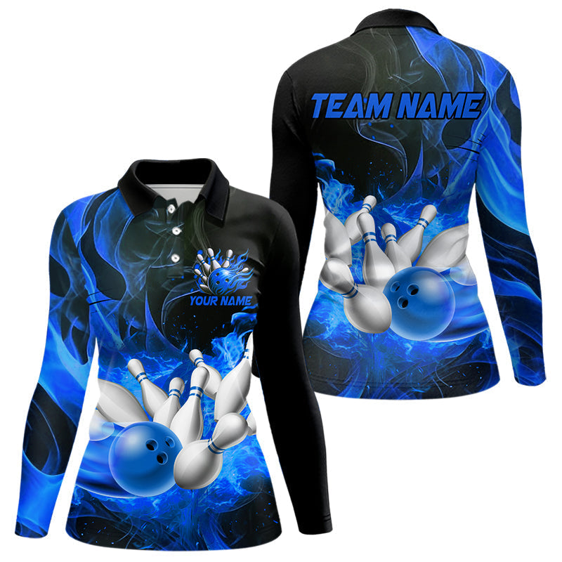 Blisscorners Black And Blue Flame Custom Bowling Shirts For Men, Flame Bowling League Shirts Outfits