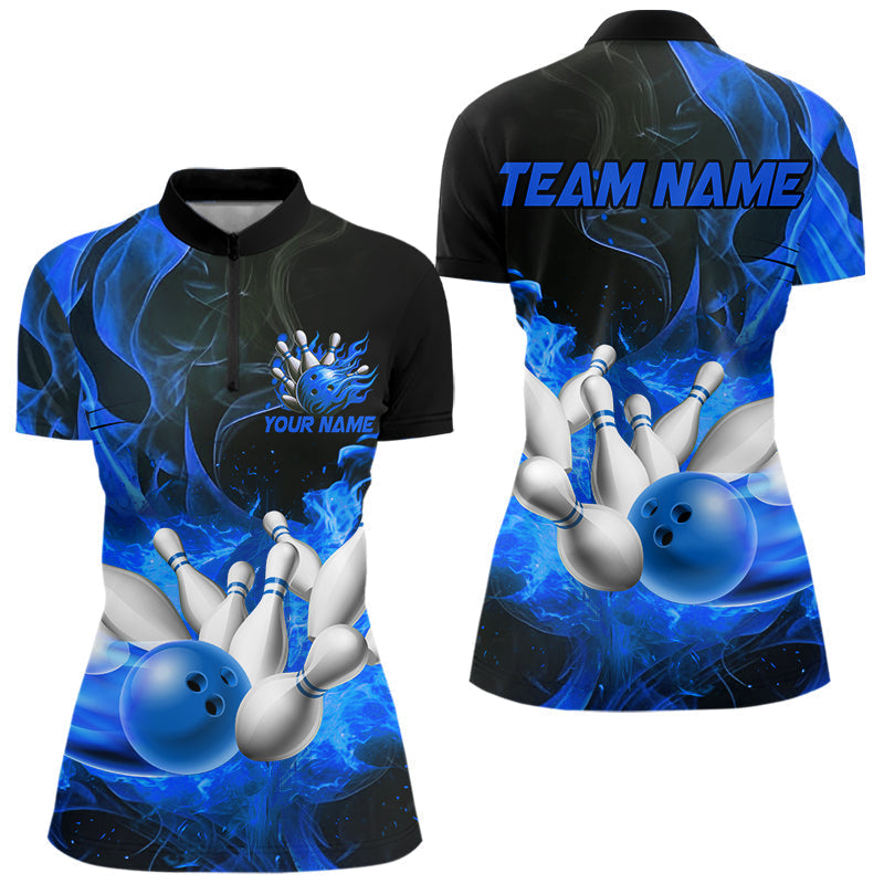 Blisscorners Black And Blue Flame Custom Bowling Shirts For Men, Flame Bowling League Shirts Outfits