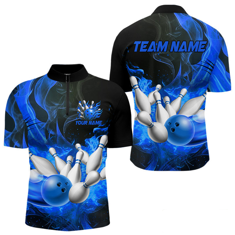 Blisscorners Black And Blue Flame Custom Bowling Shirts For Men, Flame Bowling League Shirts Outfits