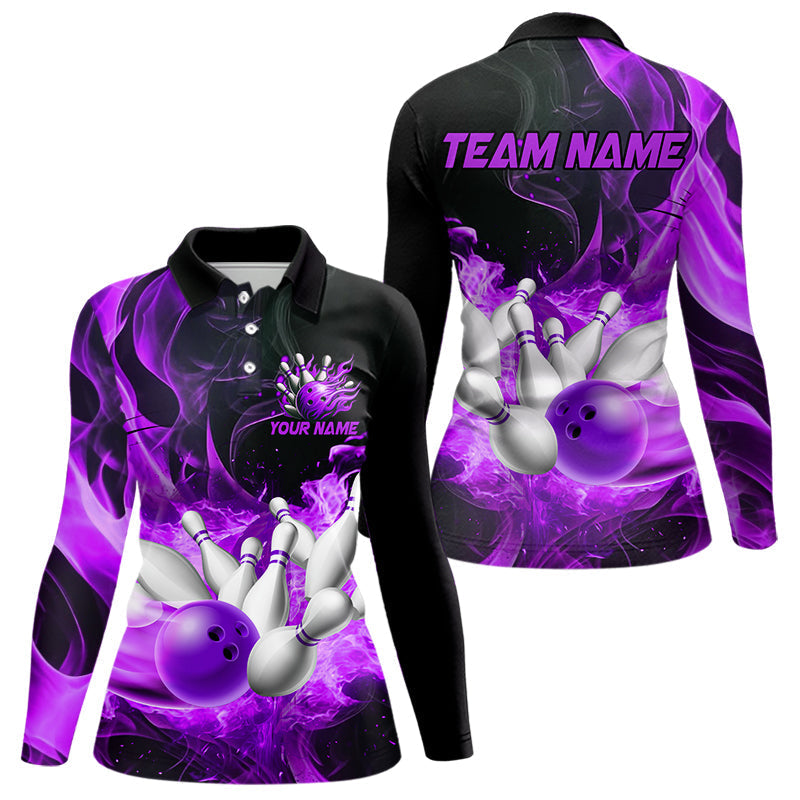 Blisscorners Black And Purple Flame Custom Bowling Shirts For Men, Flame Bowling League Shirts Outfits