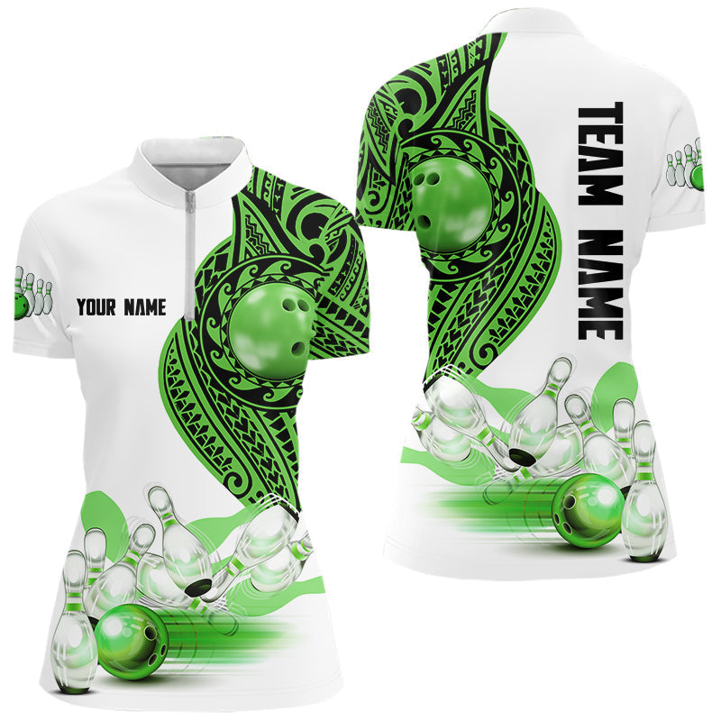 Blisscorners Green and White Tribal pattern Mens Bowling Shirts Custom Bowling outfit men Team bowling jersey