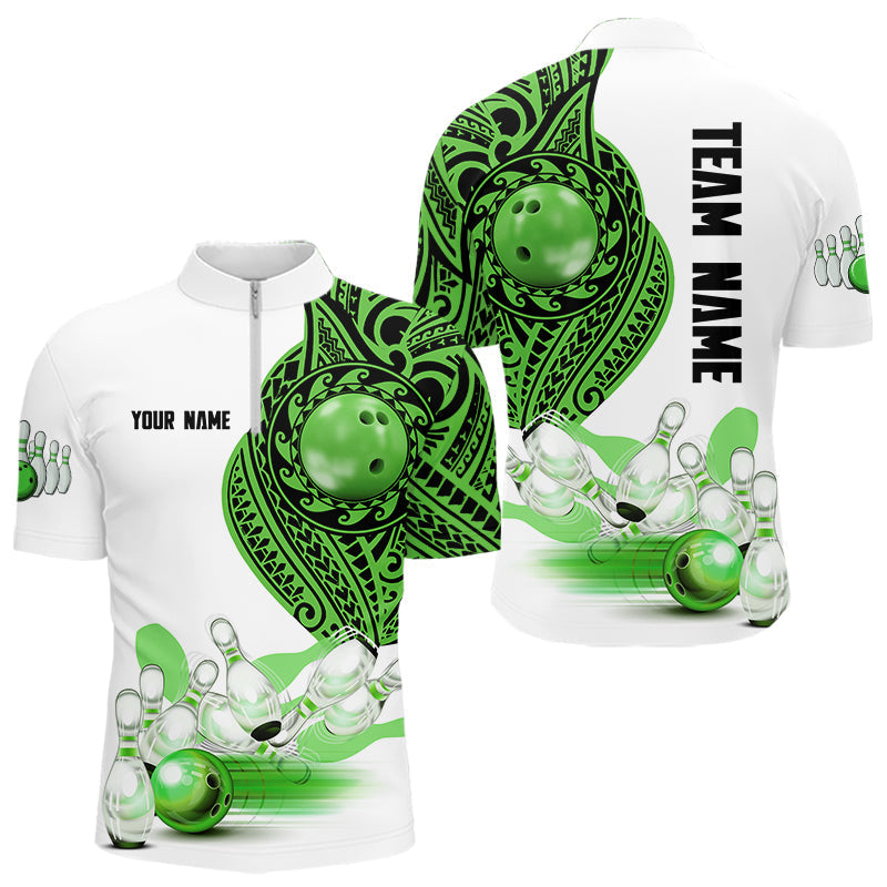 Blisscorners Green and White Tribal pattern Mens Bowling Shirts Custom Bowling outfit men Team bowling jersey